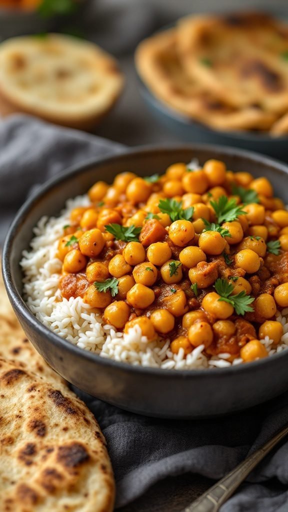 Chickpea curry served over rice with fresh herbs