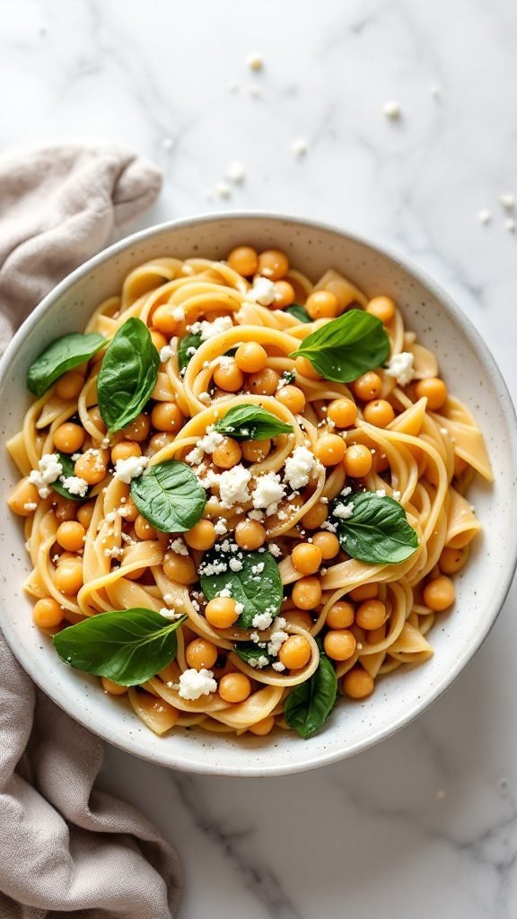 Delicious chickpea pasta with spinach served in a bowl