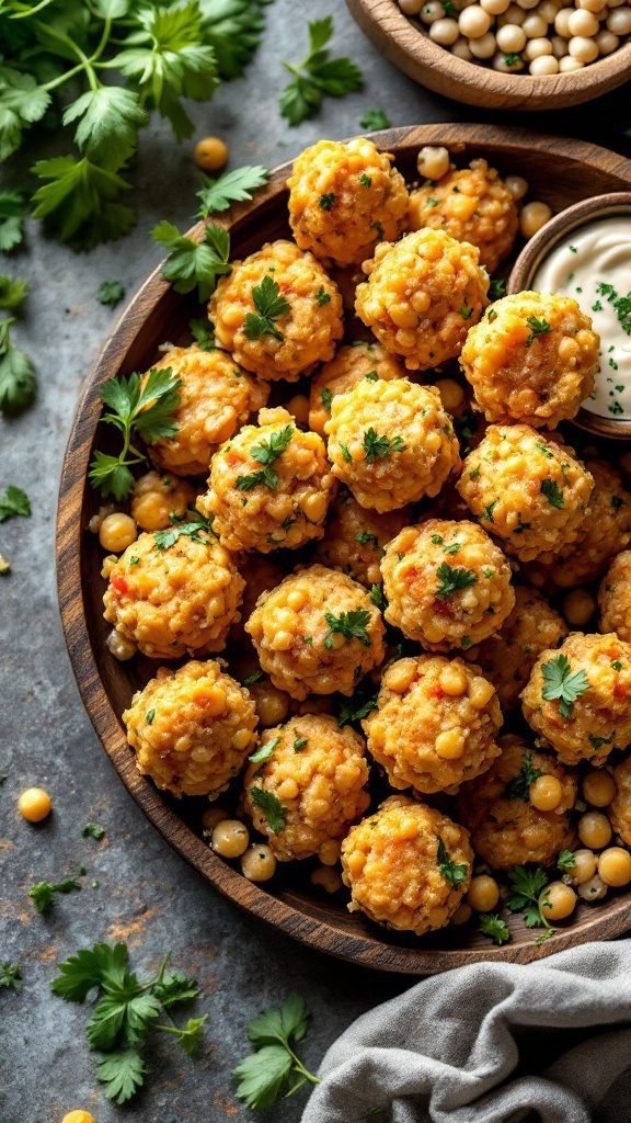 Chickpea salad bites arranged on a wooden platter, garnished with fresh herbs.