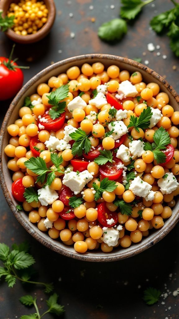 A vibrant chickpea salad with feta cheese, cherry tomatoes, and fresh herbs