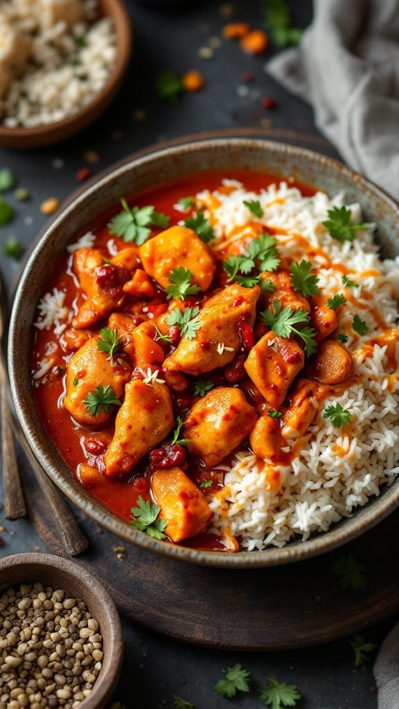 A bowl of Chili Chicken Curry with rice and garnished with cilantro.