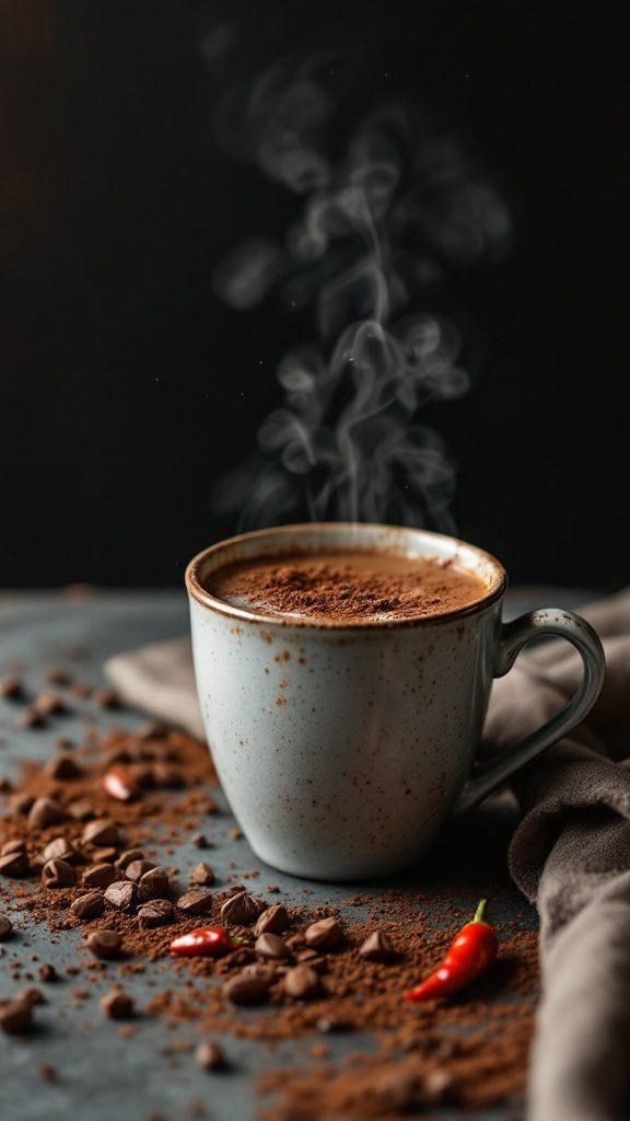 A steaming cup of chili chocolate coffee surrounded by coffee beans and chocolate.