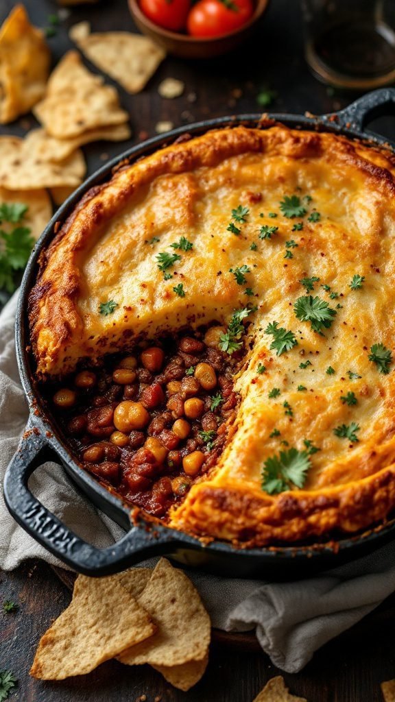 Chili con Carne Pot Pie with crispy pastry crust and rich filling.