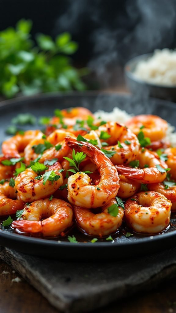 A plate of chili garlic shrimp garnished with parsley.