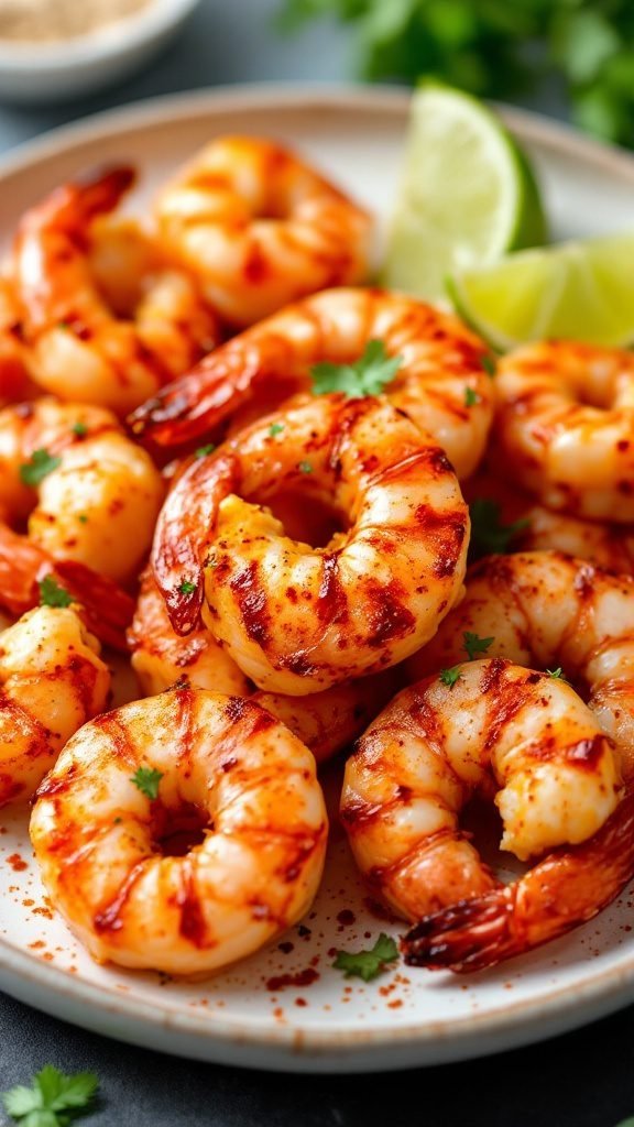 Grilled shrimp garnished with cilantro and lime wedges on a plate.