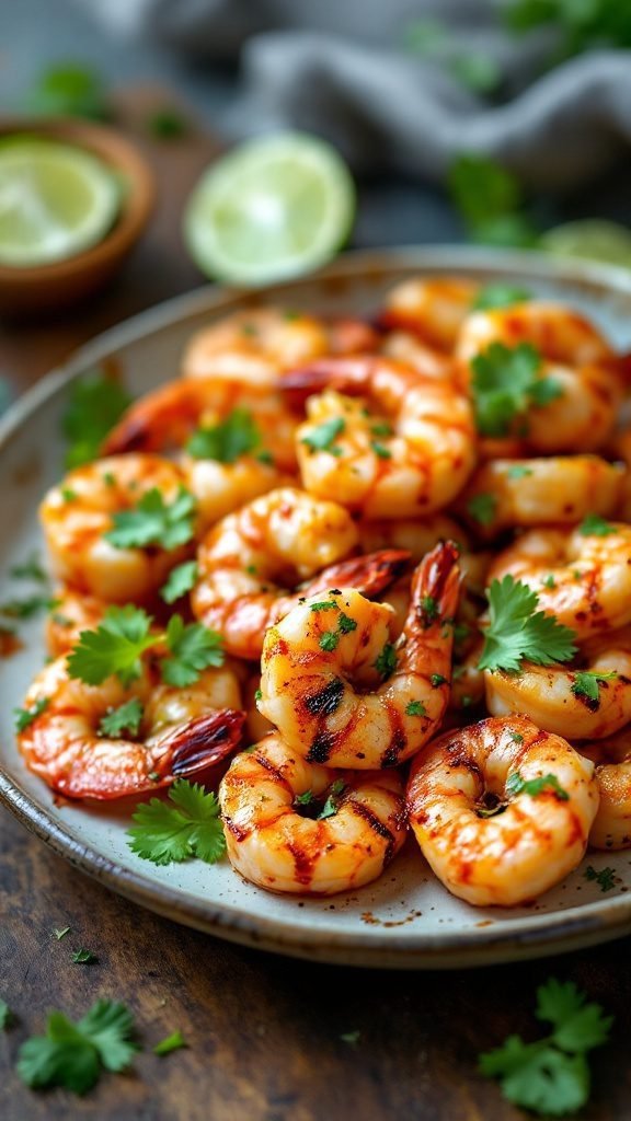 A plate of grilled shrimp garnished with cilantro and lime slices.