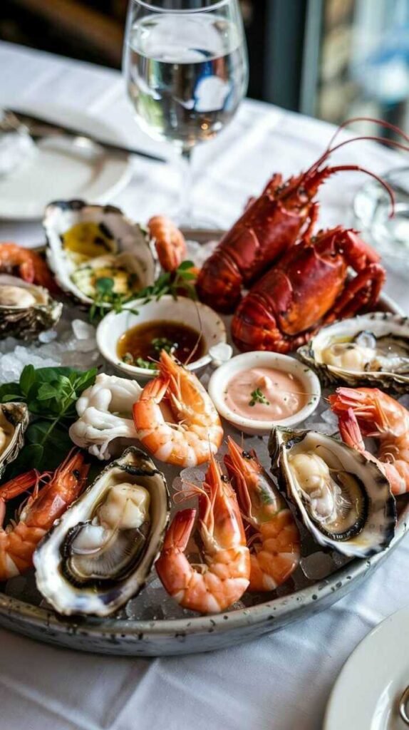 Chilled seafood platter with shrimp, oysters, and lobster on ice, served with dipping sauces.