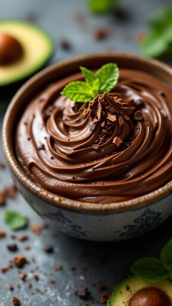 Chilled chocolate avocado mousse topped with mint leaves and chocolate shavings