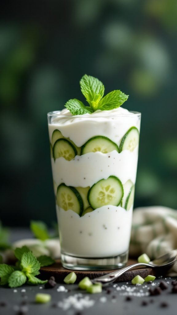 A chilled cucumber yogurt parfait layered with cucumber slices and yogurt, garnished with mint leaves.