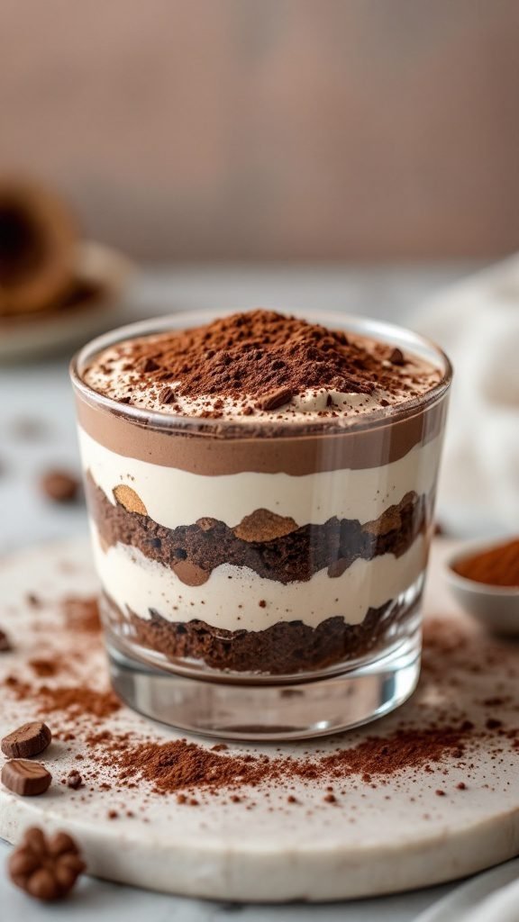 A glass of chilled mocha tiramisu dessert layered with coffee-soaked cookies and creamy mascarpone.