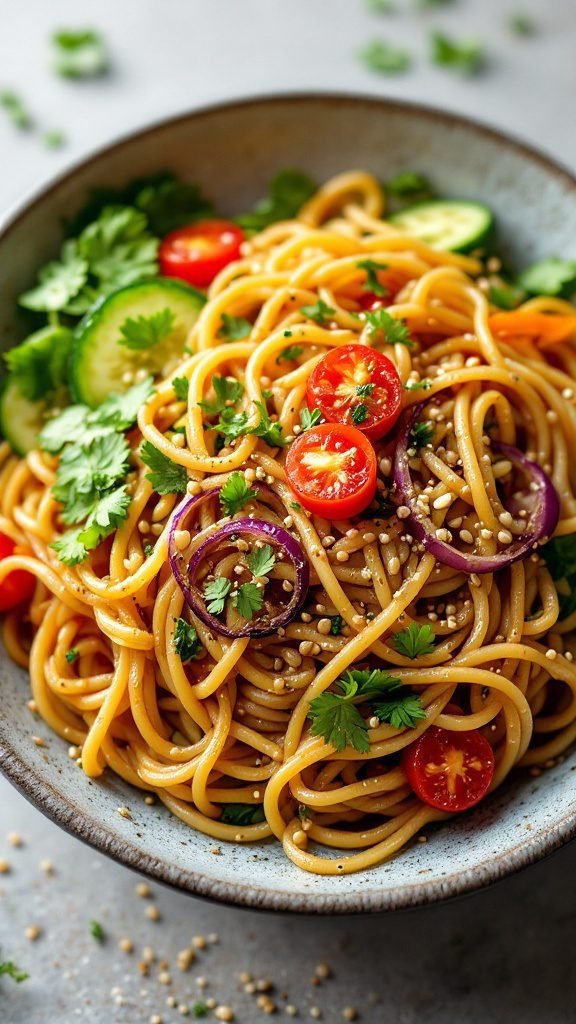 A bowl of chilled soba salad with various vegetables.