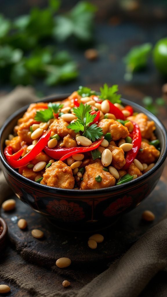 A delicious bowl of Kung Pao Chicken with vibrant vegetables and peanuts.