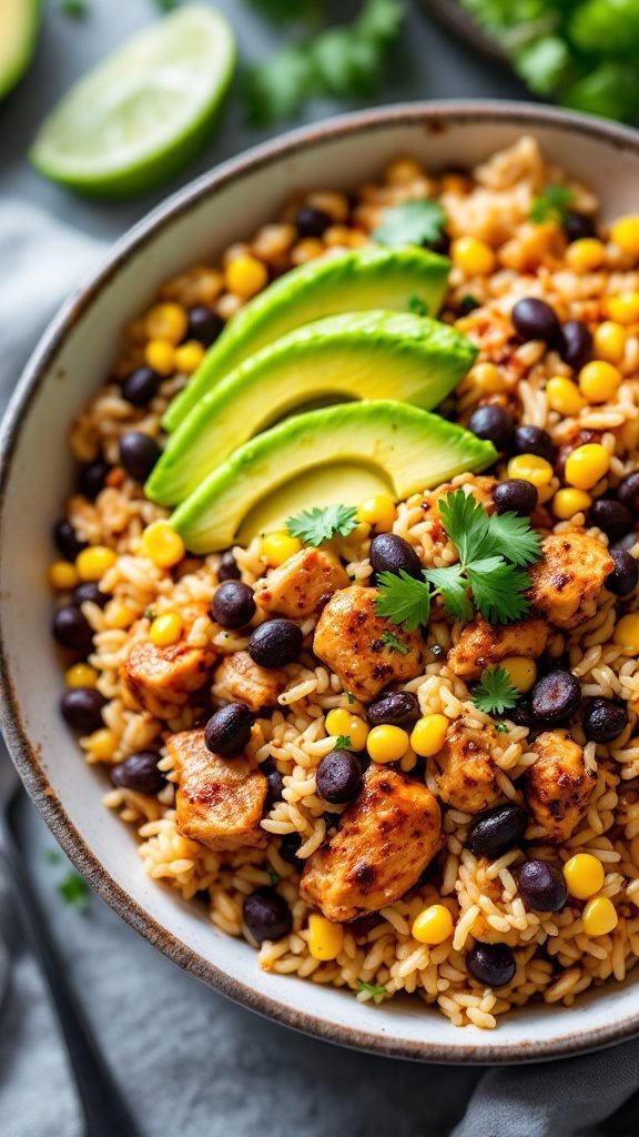 A hearty Chipotle Chicken Rice Bowl with chicken, rice, beans, corn, avocado, and fresh cilantro.