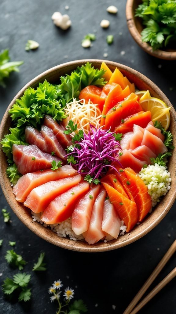 A beautifully arranged chirashi sushi bowl with various sashimi and garnishes.