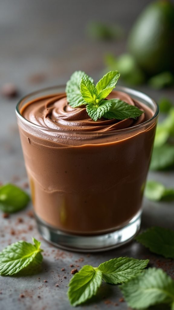 A creamy chocolate avocado mousse topped with mint leaves.