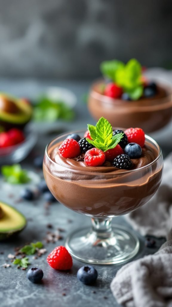 A creamy chocolate avocado mousse topped with fresh berries in a glass bowl.