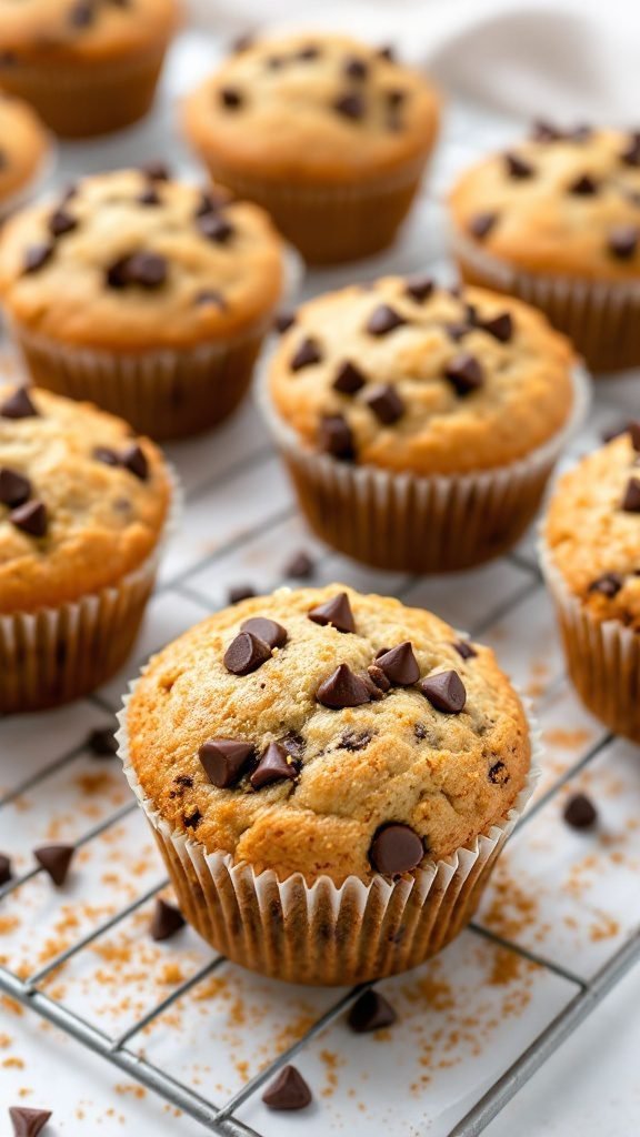 Delicious chocolate chip banana muffins cooling on a wire rack.