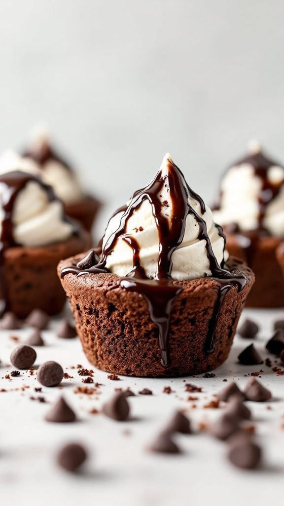 Chocolate Chip Brownie Ice Cream Cups topped with whipped cream and chocolate syrup.