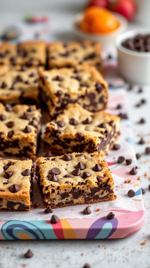Delicious chocolate chip cookie bars on a colorful tray.