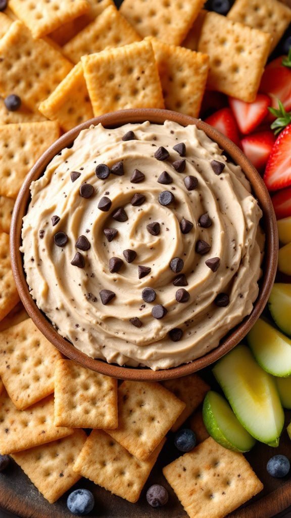 A bowl of creamy chocolate chip cookie dough dip surrounded by crackers and fresh fruit.