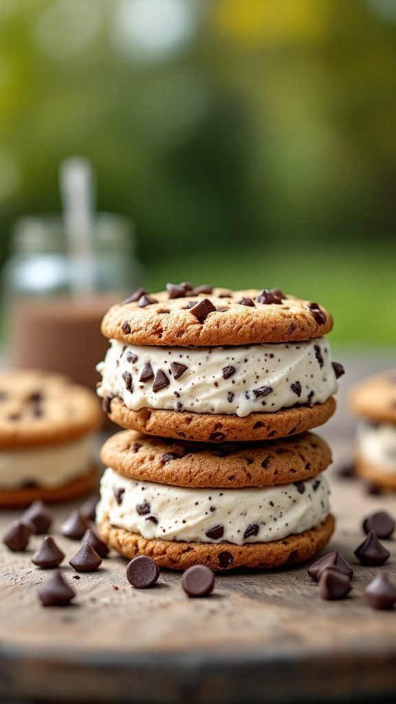 Chocolate chip cookie ice cream sandwiches stacked on a wooden surface