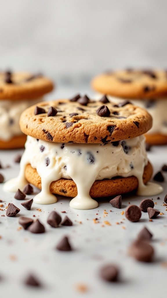 Chocolate chip cookie ice cream sandwiches with chocolate chunks