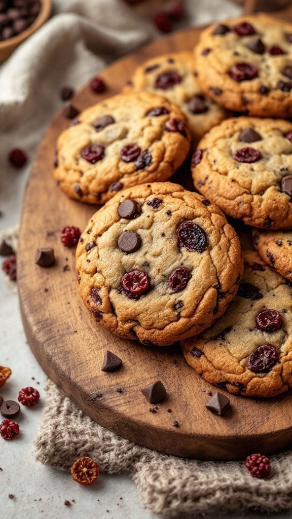 Delicious chocolate chip cookies with dried fruit scattered on a wooden surface