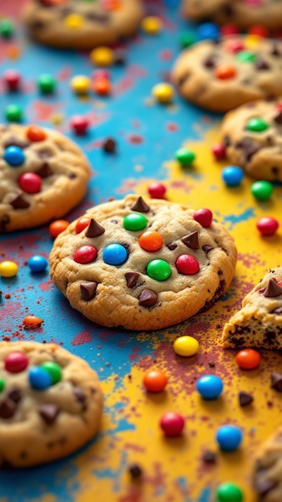 A colorful display of chocolate chip cookies with M&Ms scattered around.