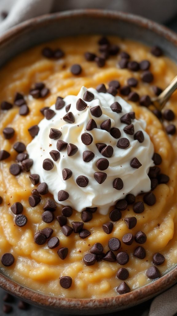 A bowl of creamy chocolate chip grits topped with whipped cream and chocolate chips.
