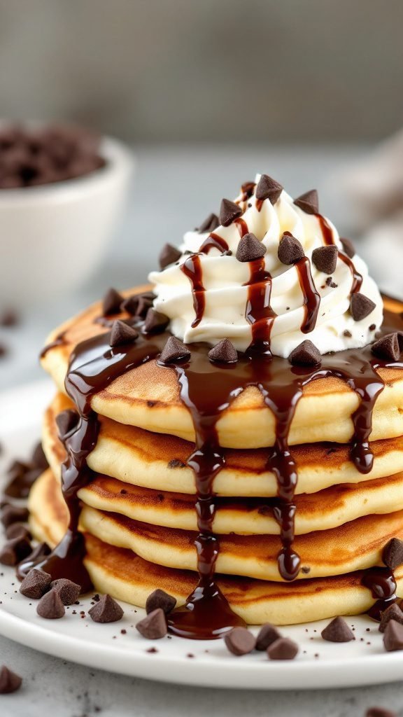 Stack of chocolate chip pancakes topped with whipped cream and chocolate syrup.