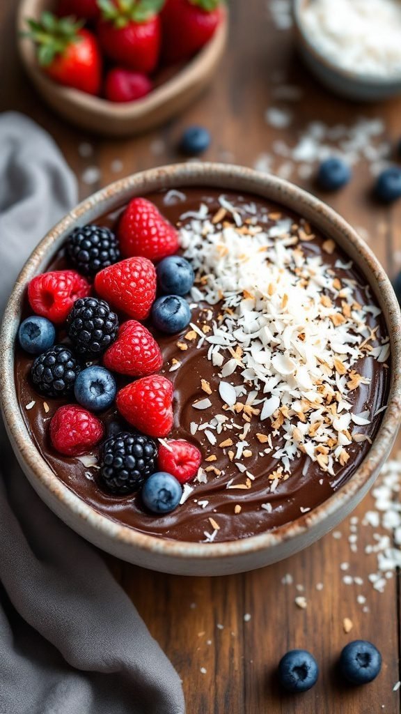 A bowl of chocolate coconut chia pudding topped with shredded coconut and fresh berries.
