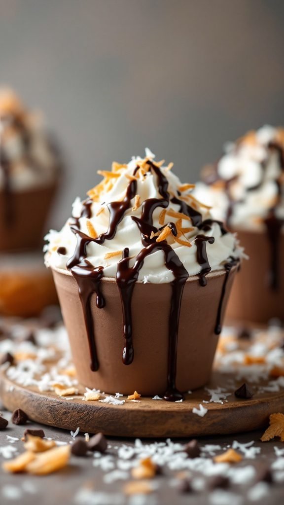 Chocolate Coconut Cream Cups with whipped cream and a drizzle of chocolate syrup