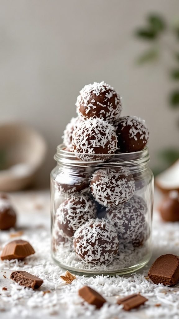 A jar filled with chocolate coconut energy balls topped with shredded coconut.