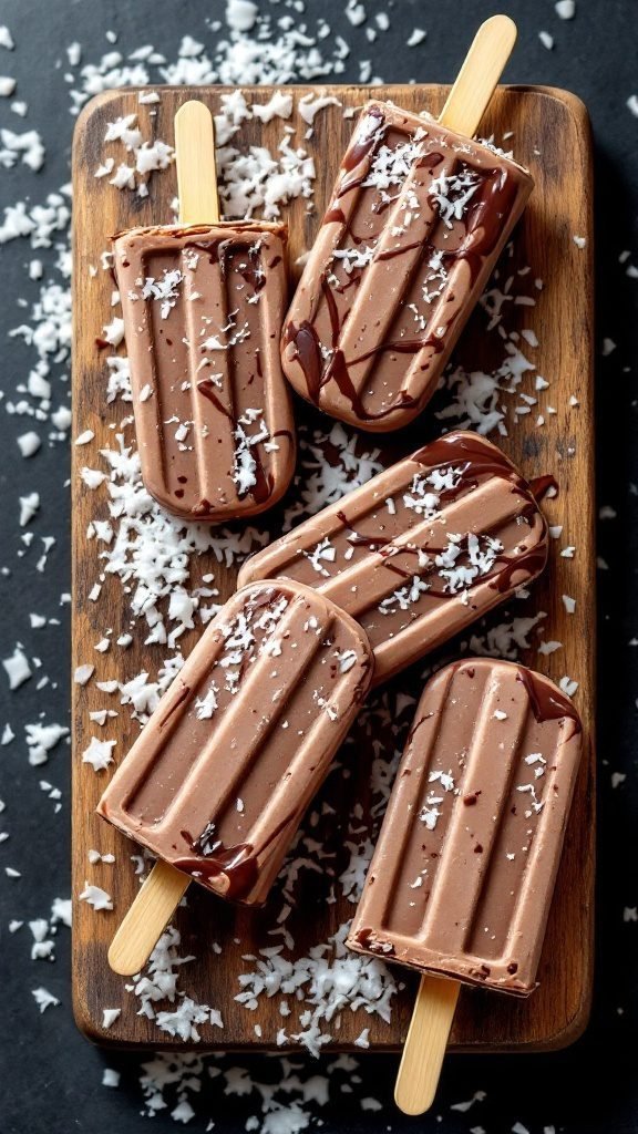 Chocolate coconut popsicles on a wooden board