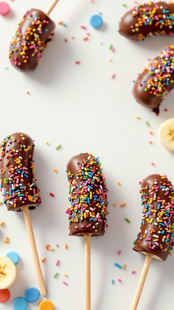 Chocolate covered banana pops with colorful sprinkles