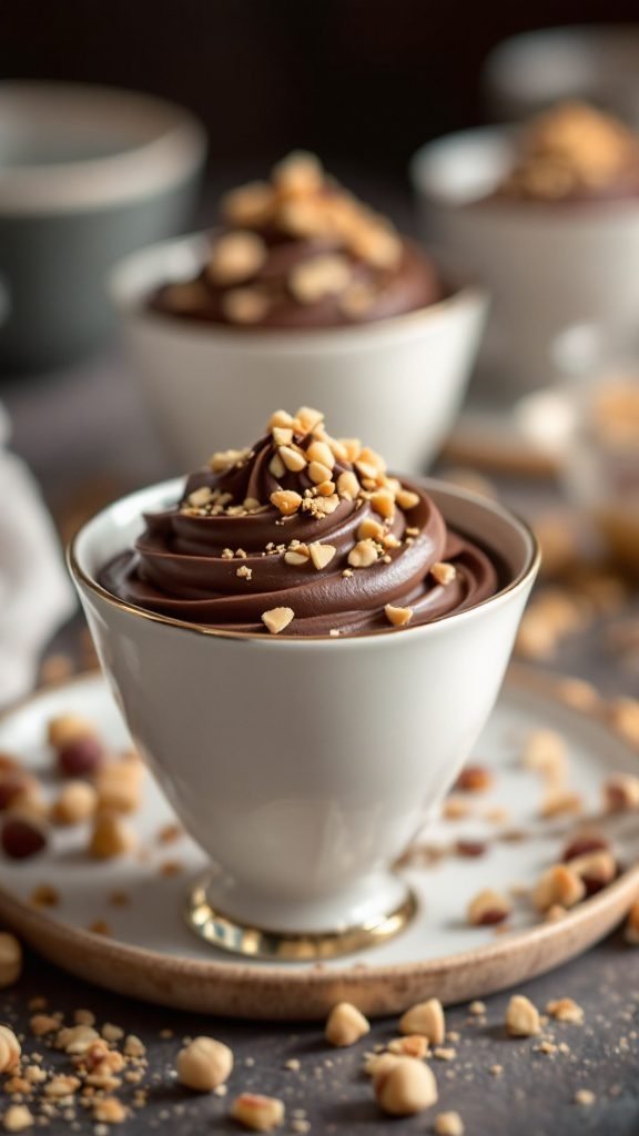 Delicious chocolate hazelnut mousse in cups topped with crushed hazelnuts.