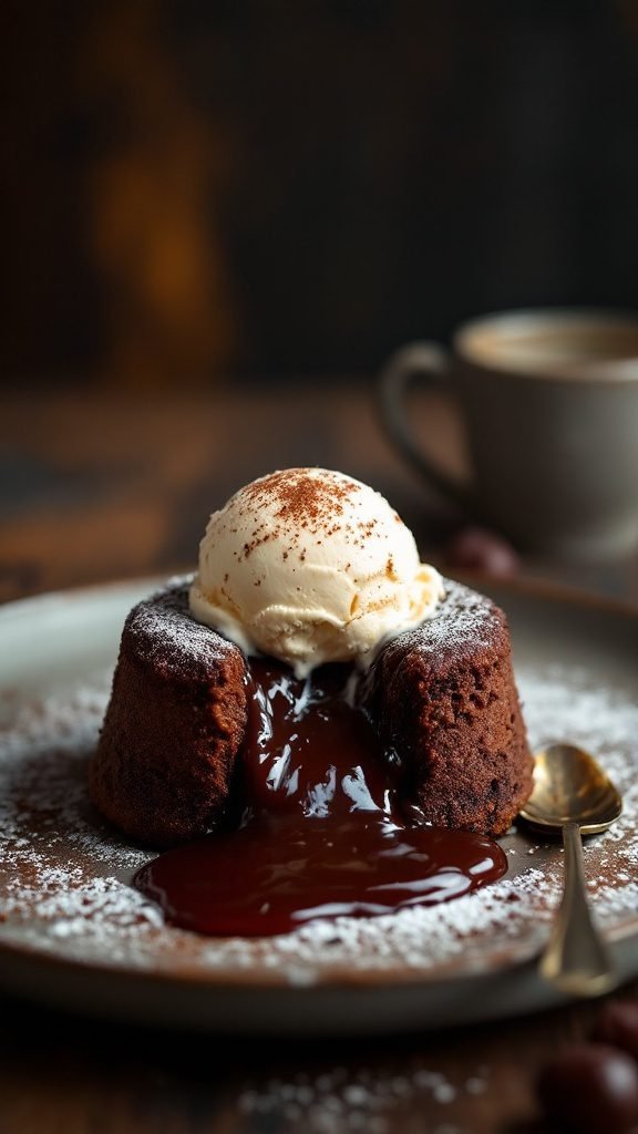 Delicious chocolate lava cake served with vanilla ice cream