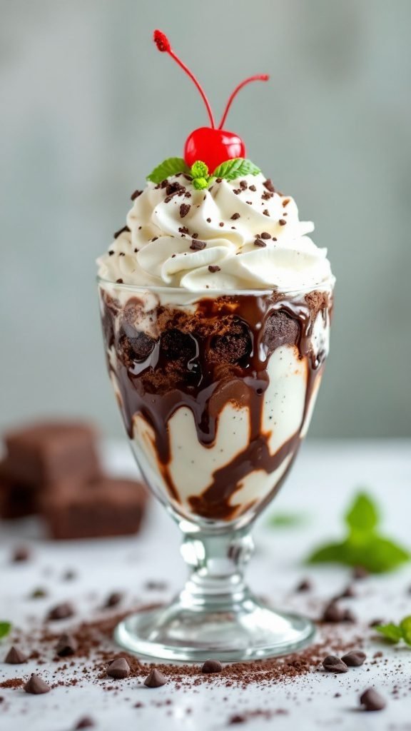 A chocolate mint brownie sundae topped with whipped cream, chocolate sauce, a cherry, and mint leaves.