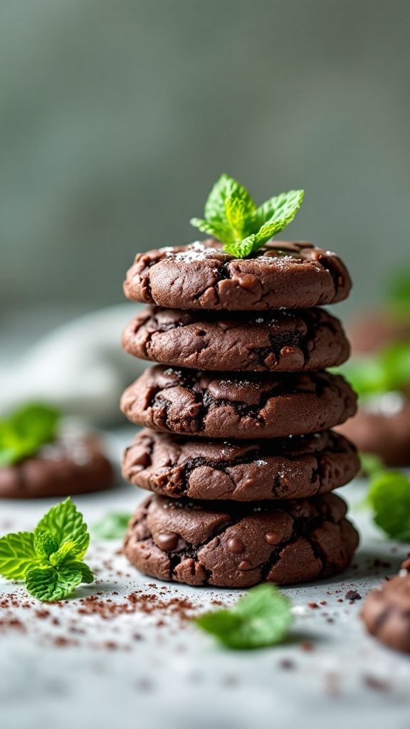 Stack of chocolate mint no-bake cookies with mint leaves