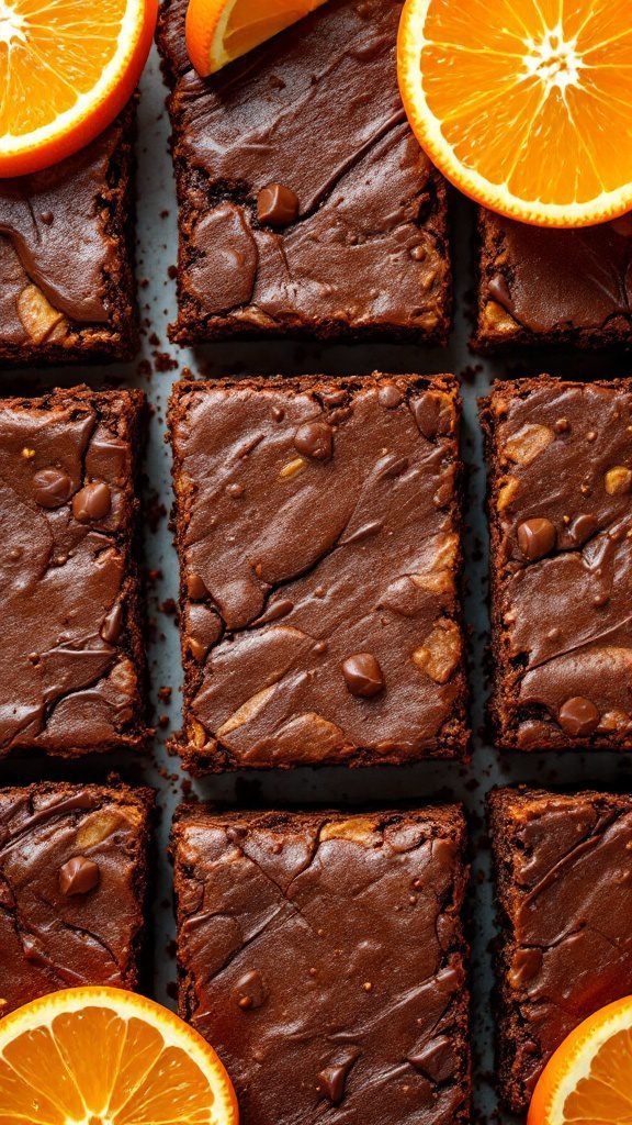 Delicious chocolate orange brownies with chunks of chocolate and slices of orange.