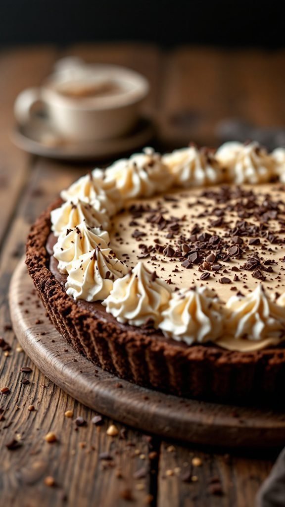 A delicious Chocolate Peanut Butter Pie with whipped cream and chocolate shavings on top.