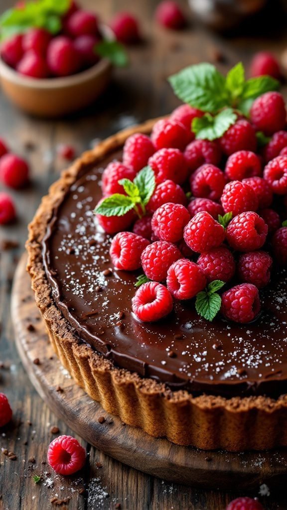 A delicious chocolate raspberry tart topped with fresh raspberries and mint leaves.