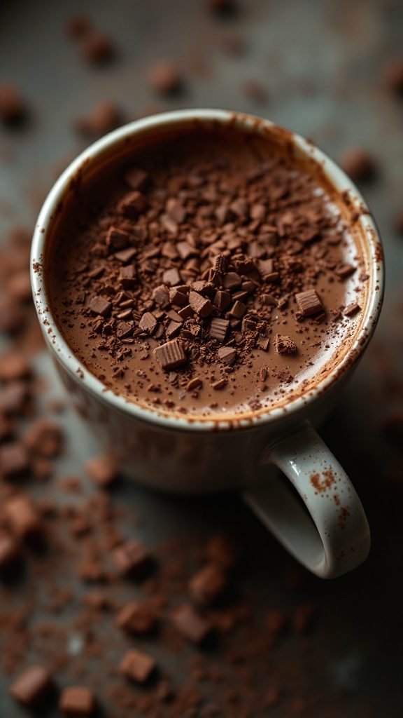 A cozy cup of chocolaty mocha coffee topped with chocolate shavings.