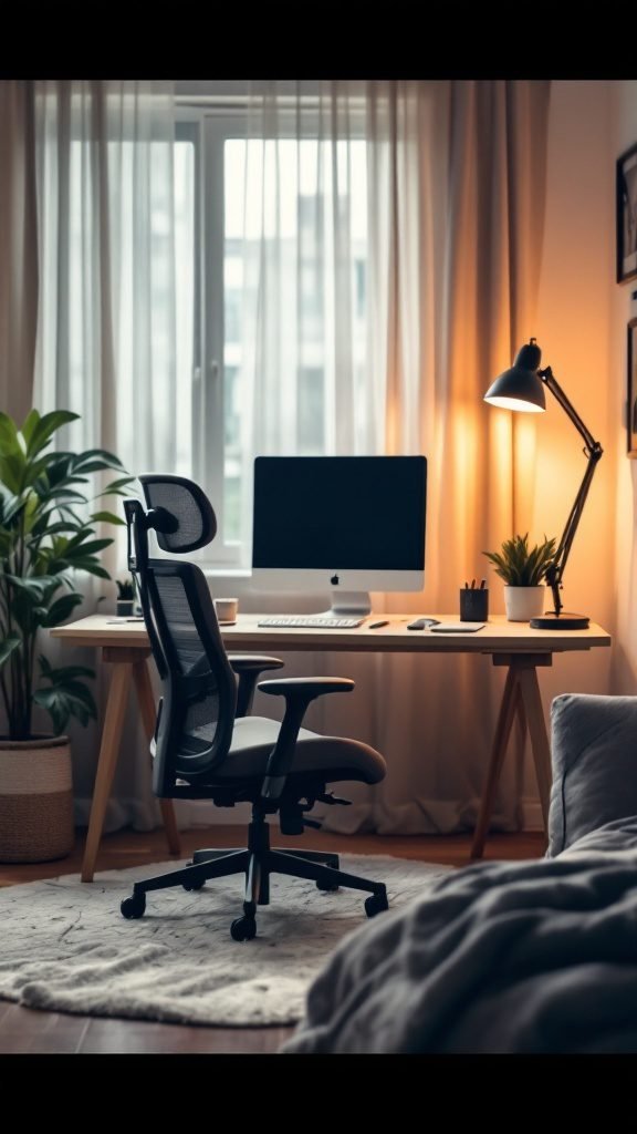 A cozy bedroom workspace featuring a sleek ergonomic chair, desk, and stylish decor.