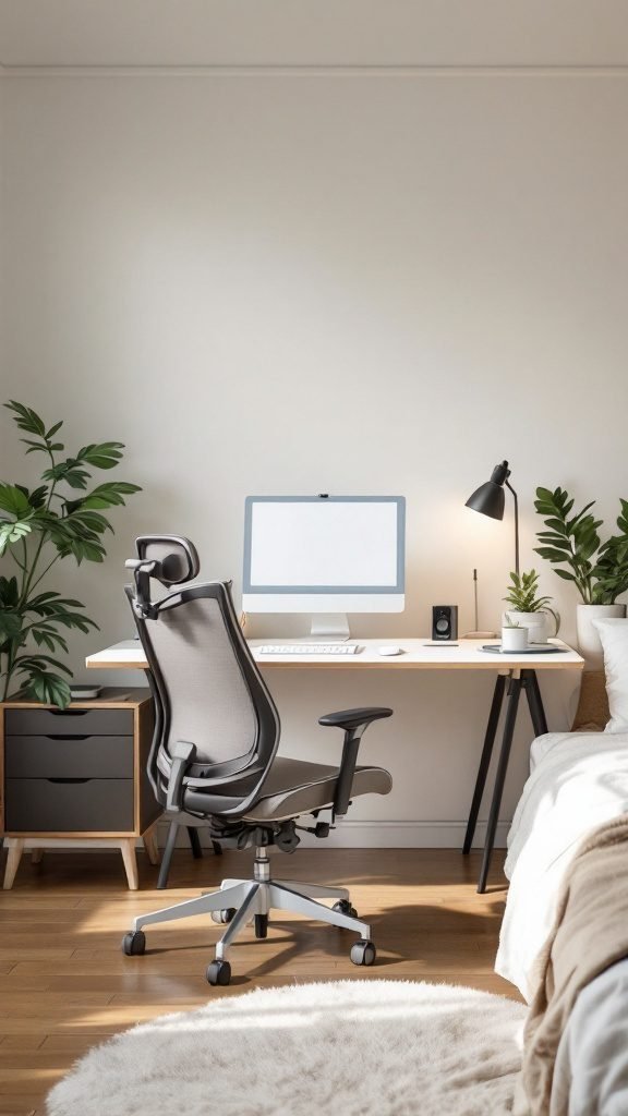 A modern bedroom office combo featuring a sleek desk, ergonomic chair, and decorative plants.