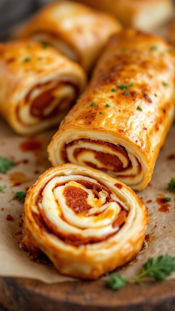 Chorizo and cheese puff pastry rolls on a wooden platter.