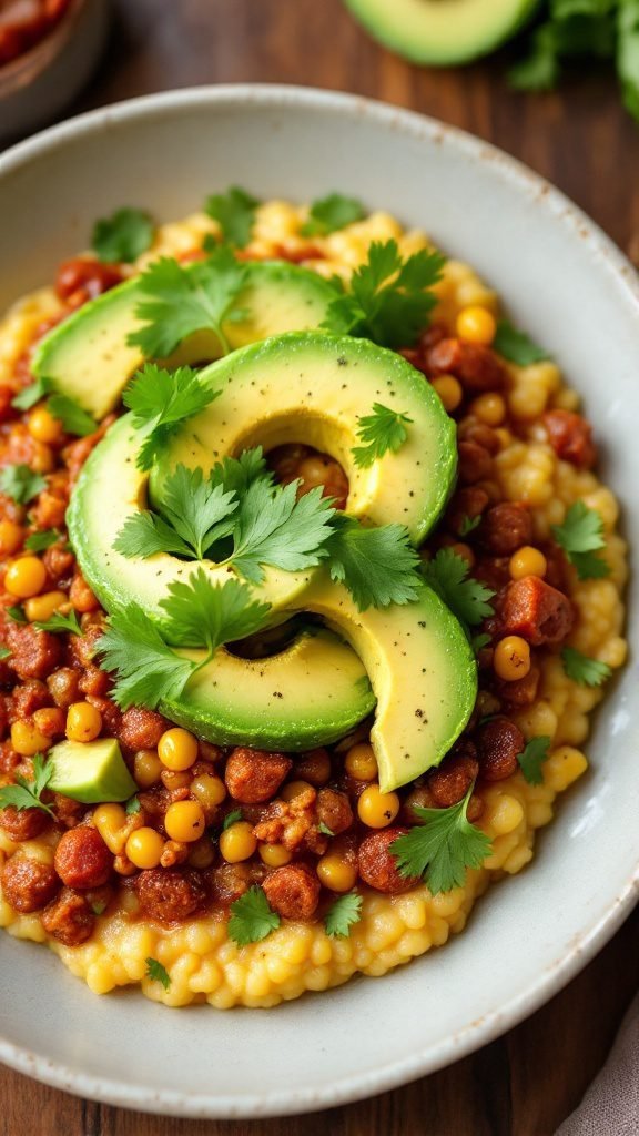 A bowl of chorizo grits topped with sliced avocado and fresh cilantro.