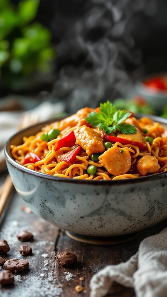 A bowl of Chow Mein with Chicken, featuring noodles, chicken, and vibrant vegetables.
