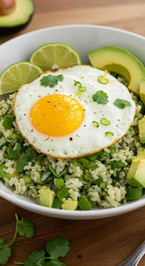 A bowl of cilantro lime rice topped with a fried egg and slices of avocado.