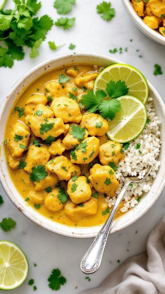 Bowl of cilantro lime chicken curry with rice and garnished with lime slices.